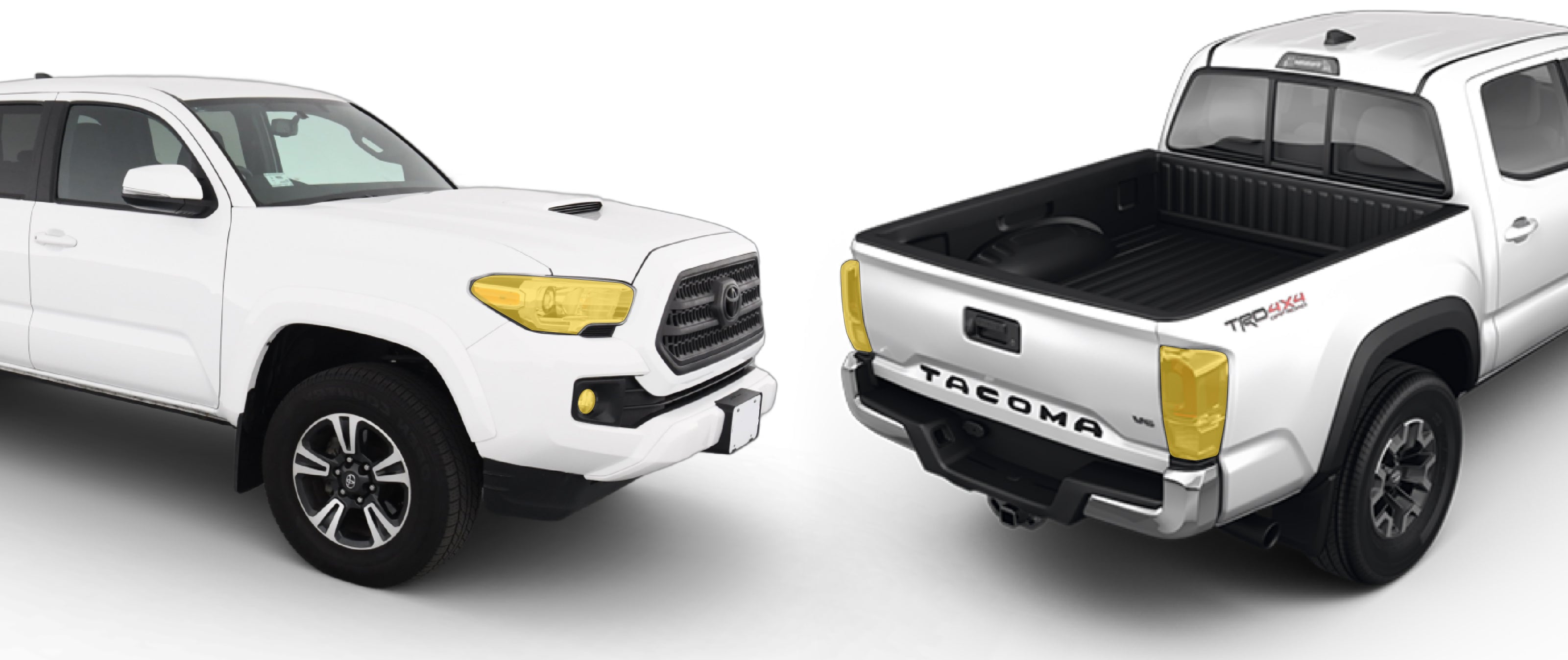 Toyota Tacoma 3rd gen with WildWrap DIY PPF headlights and taillights coverage shown in yellow overlay