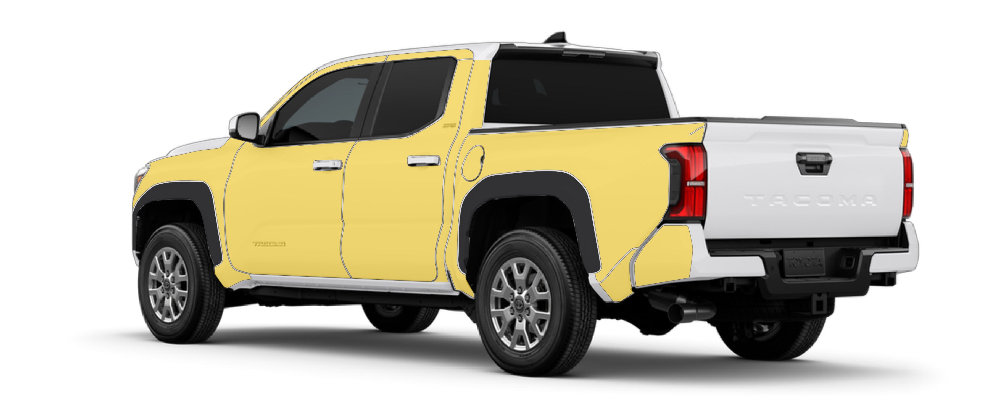 Toyota Tacoma 4th gen short bed rear with WildWrap DIY PPF sides coverage shown in yellow overlay
