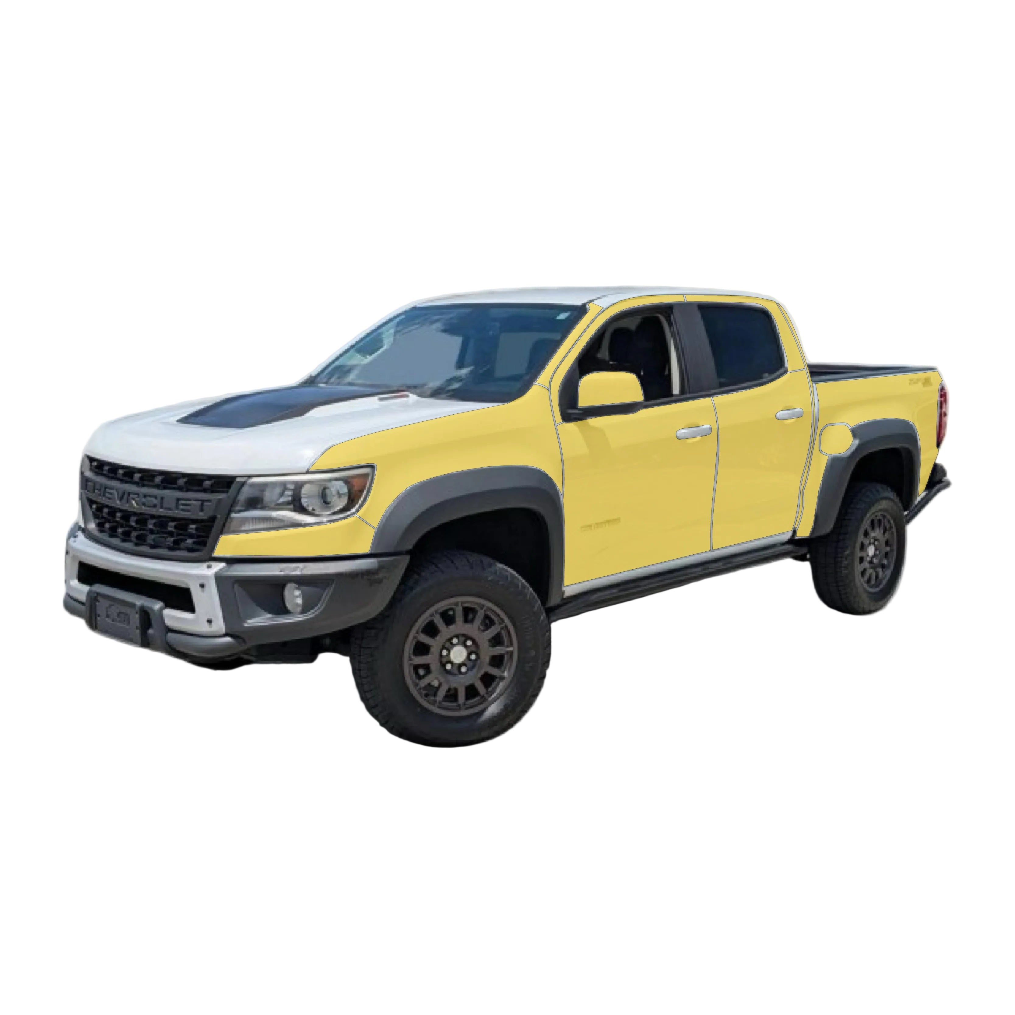 Chevrolet Colorado 2nd gen with WildWrap DIY PPF kit coverage shown in yellow overlay
