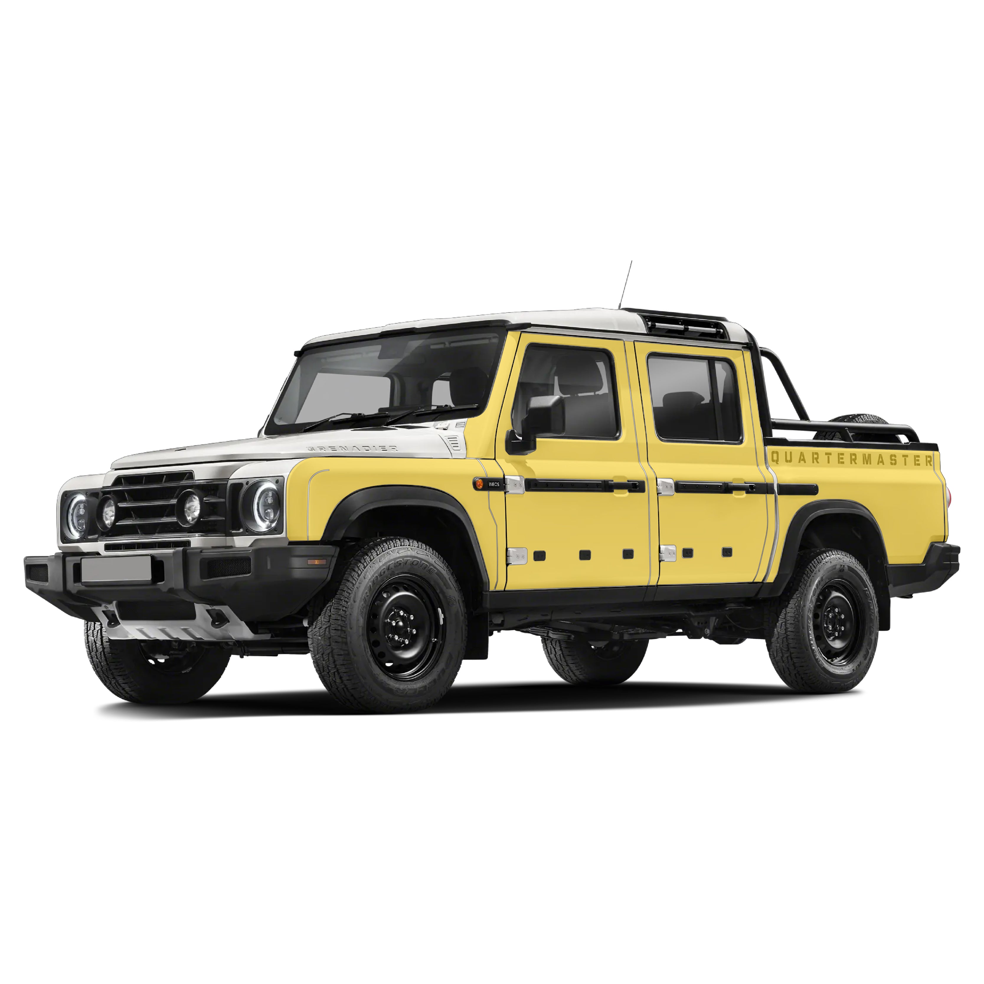 White Ineos Grenadier Quartermaster with WildWrap DIY paint protection film coverage shown in yellow overlay
