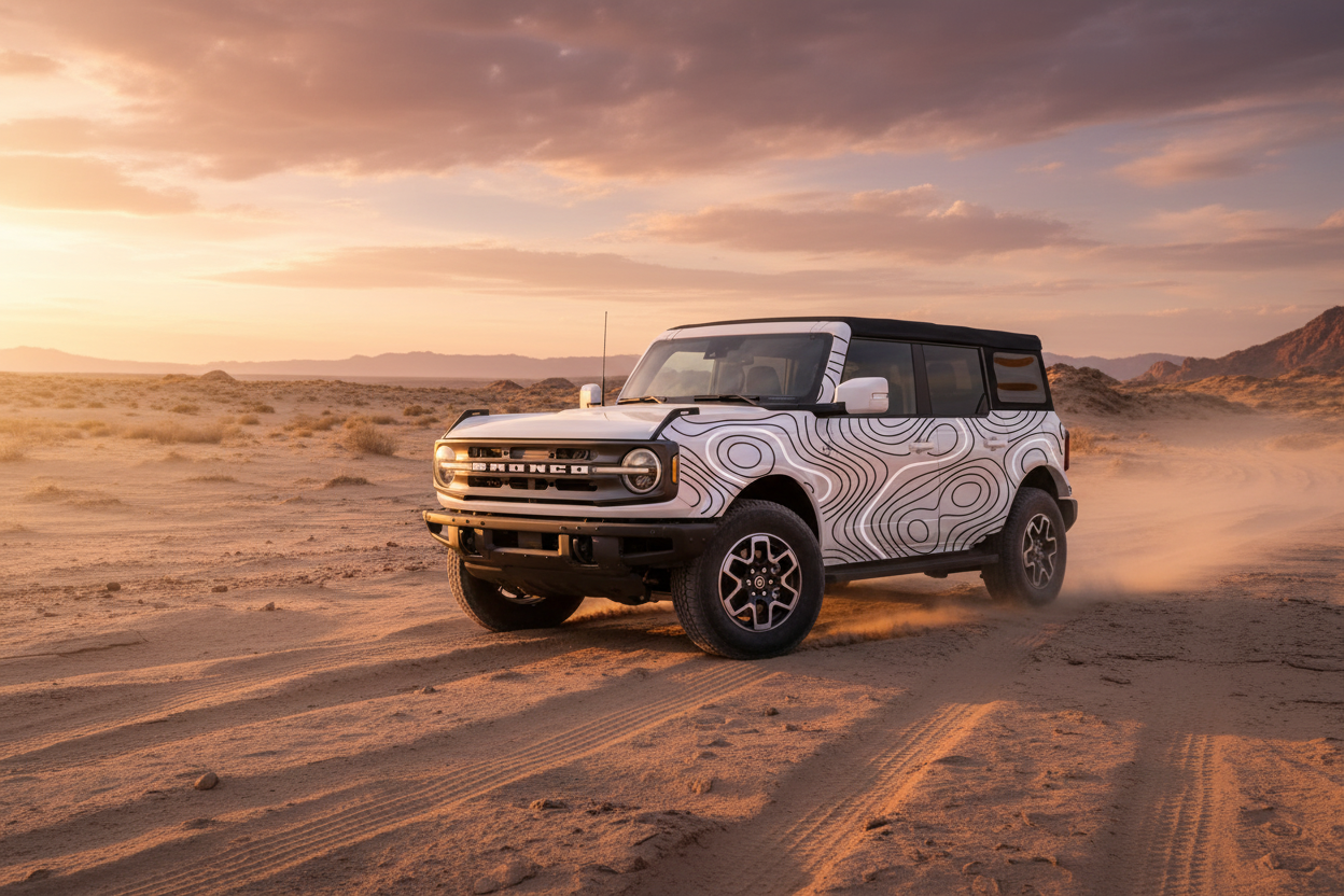 Truck on a desert road with a custom topographic vinyl decal kit installed