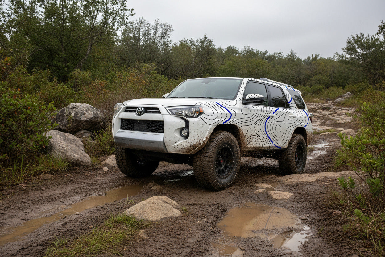 Off-road truck on a forest road with a topographic vinyl decal pattern installed