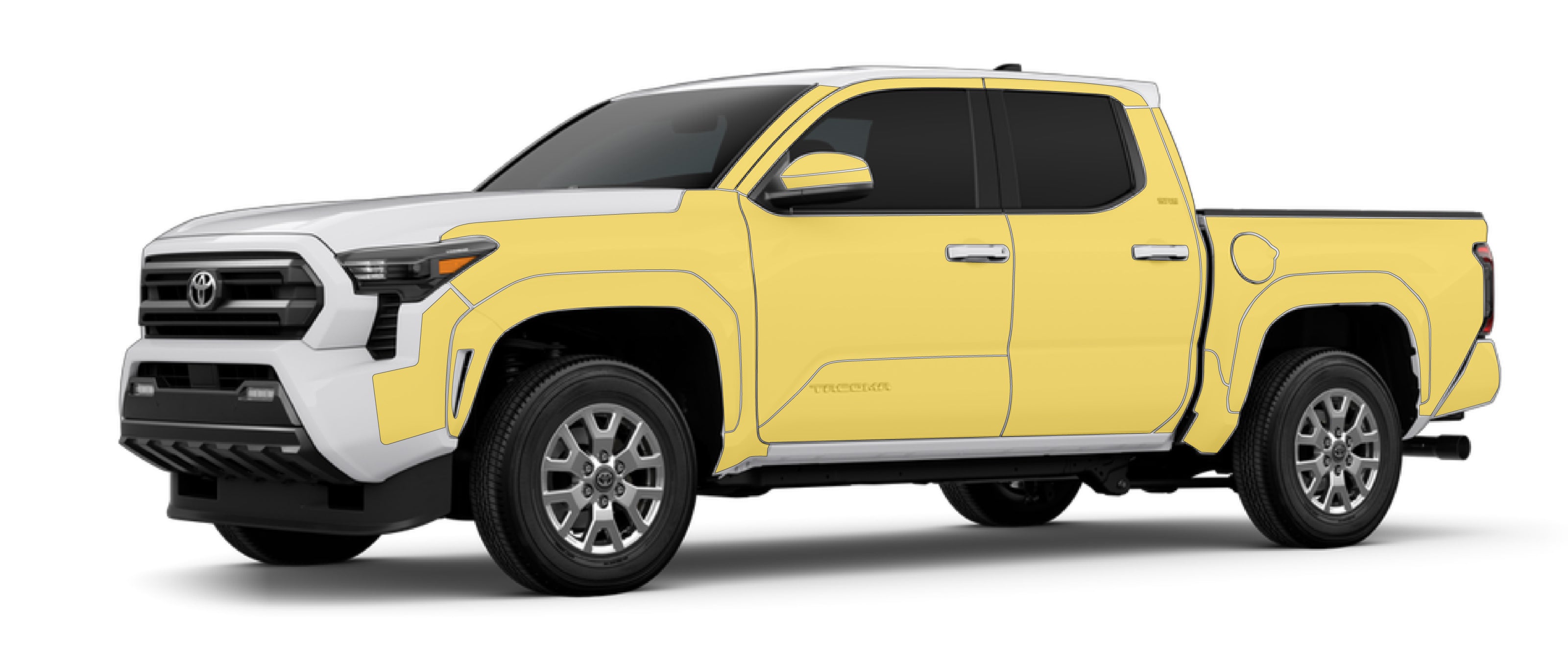 Toyota Tacoma 4th gen short with WildWrap DIY PPF sides and flares coverage shown in yellow overlay
